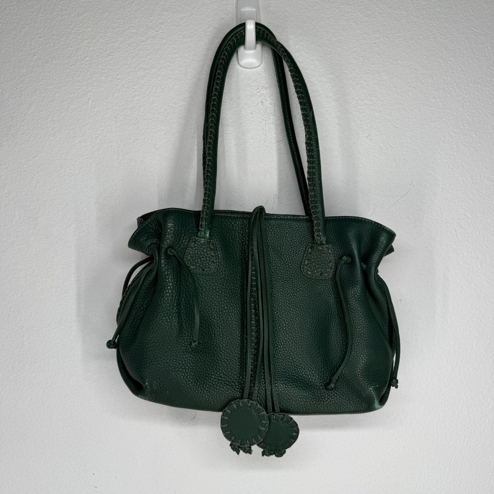 Carlos Falchi Green Pebbled Leather Slouchy Whipstitch Shoulder Bag Boho Purse